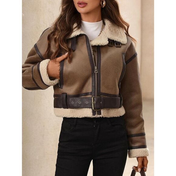Women's Winter Faux Lamb Fur Leather Short Jacket Lapel Zipper Bomber Coat Camel - Picture 3 of 9